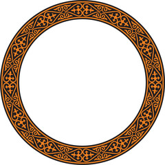 Vector orange and black Kazakh national round pattern, frame. Ethnic ornament of the nomadic peoples of Asia, the Great Steppe, Kazakhs, Kirghiz, Kalmyks, Mongols, Buryats, Turkmens