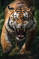 Close up of an angry tiger roaring towards the camera