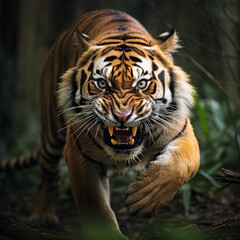 Close up of an angry tiger roaring towards the camera