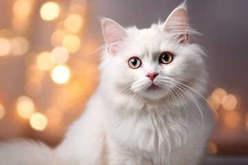 Obraz premium A festive white fluffy cat portrait adds a touch of magic to the winter season. 