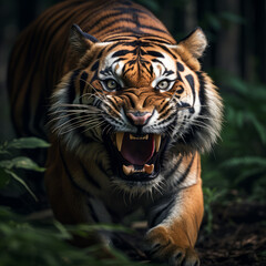Close up of an angry tiger roaring towards the camera