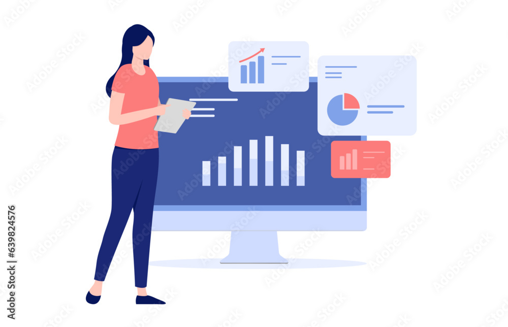 Leinwandbilder woman with charts and data - illustration of female person working on statistics and diagrams on com