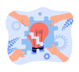 Hands solving lightbulb puzzle vector illustration. People working together in team, sharing ideas, helping and supporting each other at work. Teamwork, collaboration, business concept