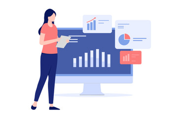 Woman with charts and data - Illustration of female person working on statistics and diagrams on computer. Business analytics concept, flat design vector with white background