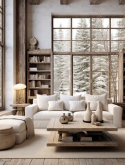 Rustic furniture in white living room. Interior design of modern home
