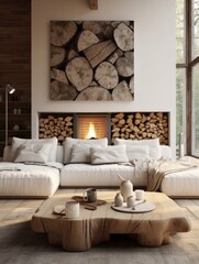 Rustic interior design of modern living room with white sofa and wooden logs