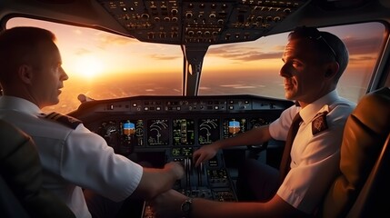 Photo of two pilots sitting in the cockpit of an airplane