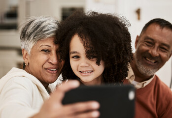 Selfie, grandparents and face of happy family child, grandma and grandfather happiness, care and babysitting. Photography, home smile and senior people post memory photo of young kid to social media