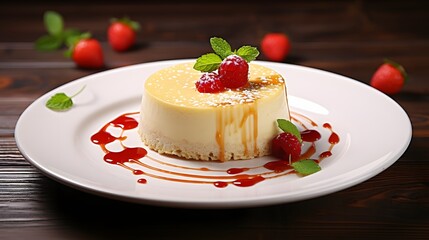 Photo of a delicious homemade cheesecake on a rustic wooden table