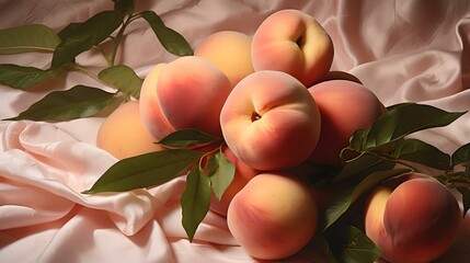 Photo of a colorful arrangement of ripe peaches on a soft bed