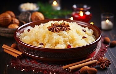 Traditional Ukrainian kutia is a sweet rice porridge with nuts, typically served during Orthodox Christmas as part of a Slavic holiday ritual. Generative AI