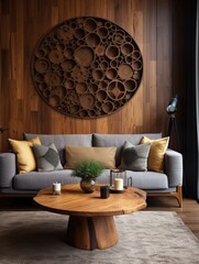 Rustic loveseat sofa and round wooden wall decor. Interior design of modern living room