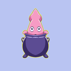 vector illustration of squid in a cauldron