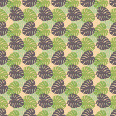 Tropical leaves seamless pattern of Monstera philodendron leaves in gray green color tone, tropical background.