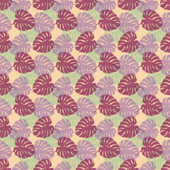 Tropical leaves seamless pattern of Monstera philodendron leaves in pink green color tone, tropical background. © Tanita
