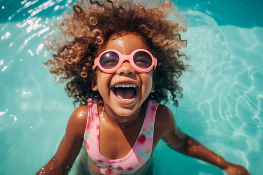 little black girl wearing sun glasses having fun in the swimming pool on a sunny day