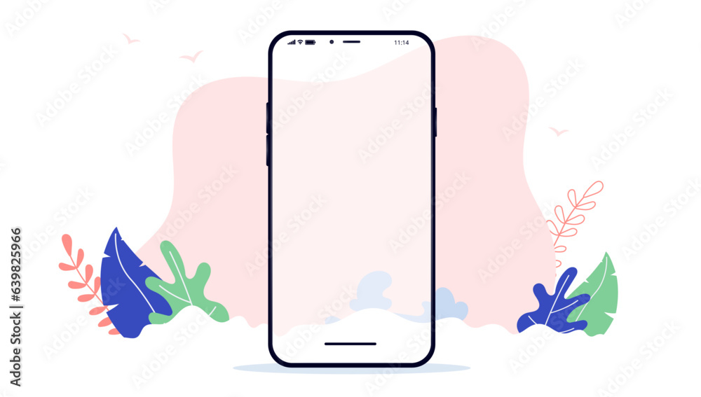 Poster Vector design phone mockup - Decorative illustration of smartphone with blank screen template with leaves and beautiful colours