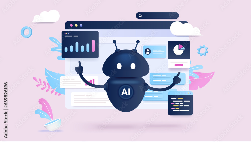 Poster ai data work - illustration of artificial intelligence robot doing various abstract task with financ