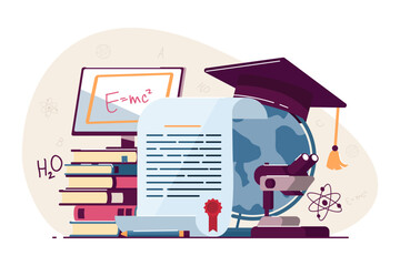 Professional development items vector illustration. Diploma, cap on globe, microscope, textbooks and books for studying at academy or school. Education, graduation, skill development concept