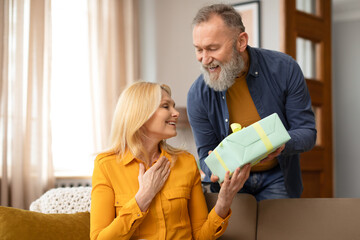 Senior man giving gift box to woman, making surprise indoor