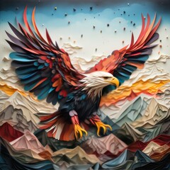 A majestic eagle, its soaring origami wings outstretched against a backdrop of folded paper mountains