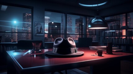 Noir detective's fedora atop a levitating hat stand in a cyberpunk office | generative ai - obrazy, fototapety, plakaty