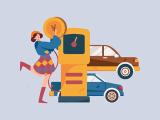 Vector internet operation hand-drawn illustration of people getting discounts for car refueling
