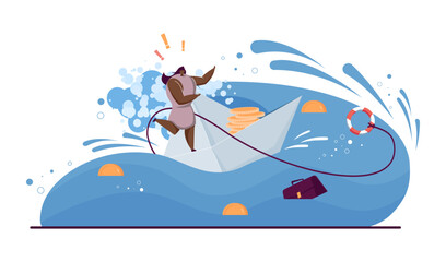 Businesswoman on paper boat during storm vector illustration. Cartoon drawing of business person in danger, financial problem or risk, company failure. Economy, challenge, finances, bankruptcy concept