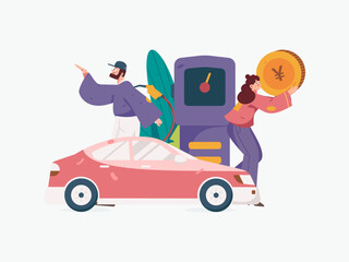 Vector internet operation hand-drawn illustration of people getting discounts for car refueling
