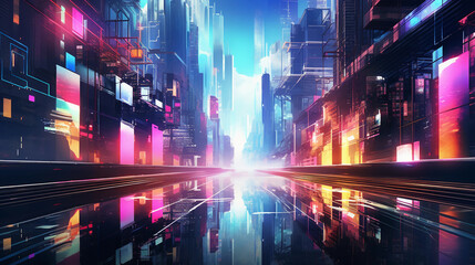 abstract geometric shapes, futuristic cityscape, vividly colored, neon lights, mirrored reflections, cyberpunk aesthetics