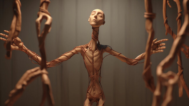 rigging scene, wooden puppet model in mid - movement, animation curves and nodes flowing in the background, soft, ambient lighting, minimalist aesthetic