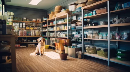 Deurstickers A pet store interior filled with various pet care products and accessories on wooden shelves © Marco Attano