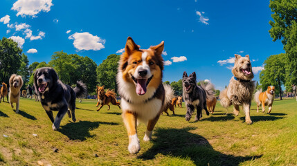A lively and colorful image of a dog park on a sunny day, with dogs of various breeds playing and running freely. Wide angle - obrazy, fototapety, plakaty