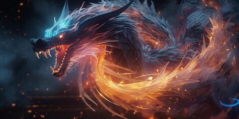 a fantasy dragon model, intricate scales, smoke billowing, neon wireframe view, highly stylized