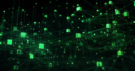 Obraz premium deep learning, neural network visualized as radiant nodes connected with pulsating beams of light, immersive, green on a black background