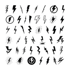 Lightning Bolt Flash Icon Set. Energy Power Charge Sign. Thunderstrike Electricity Symbol. Powerful Electrical Discharge Hitting From Side To Side. Thunderbolt Zigzag Arrow