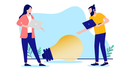 Man and woman with idea - Two people working on coming up with great idea at work holding computers. Flat design vector illustration with white background