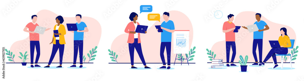 Fototapete office people working collection - set of vector illustration with businesspeople in casual clothes 