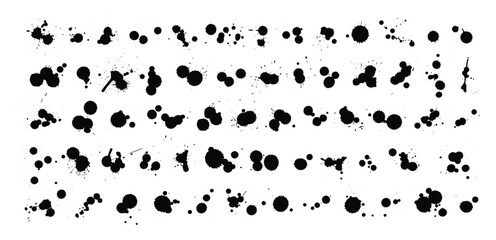 Grunge Design Elements, Ink Drops and Splashes. Blotter Spots, Liquid Paint Drip Drop Splash and Ink Splatter. Artistic Dirty Grunge Abstract Spot Vector Set.