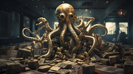 gold color octopus on the table filled with money concept art