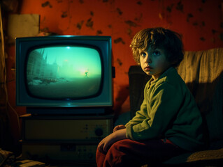 nostalgic scene of a child, sitting mesmerized in front of a vintage TV, a colorful 3D animation playing on the screen, low - light, warm tones