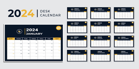 Fototapeta na wymiar Monthly calendar template for 2024 year. Wall calendar in a minimalist style. Calendar 2024 week start Sunday corporate design planner template.
