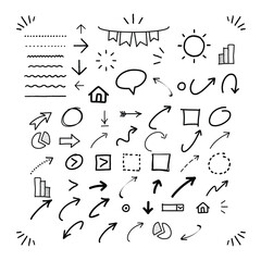 Naklejka premium Hand Drawn Doodle Swash Black Line Set Includes Quote Bubbles, Circle, Square, Sun, Home, Arrow Sign, Star, and Sparkle Decoration Symbol Set Icon. Sketch Line Element. Vector Illustration