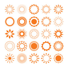 Vector set of sun and sunburst icons. Different types of sun drawing collections. Summertime figure concept. Icons set.