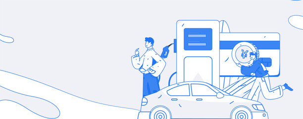 Vector internet operation hand-drawn illustration of people getting discounts for car refueling
