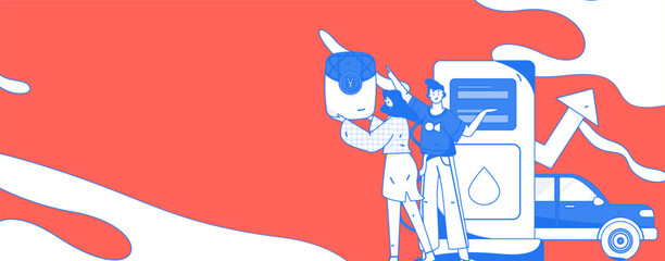 Vector internet operation hand-drawn illustration of people getting discounts for car refueling
