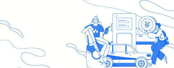 Vector internet operation hand-drawn illustration of people getting discounts for car refueling
