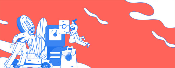 Vector internet operation hand-drawn illustration of people getting discounts for car refueling

