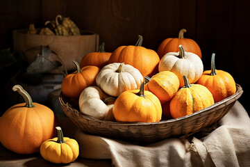Happy Thanksgiving Day background, wooden table decorated with Pumpkins. 