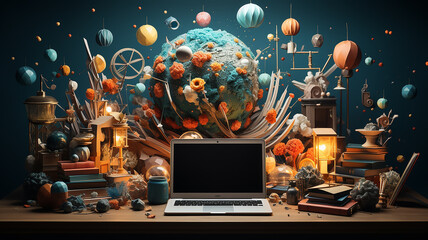 illustration, complex background global education, laptop and international learning system